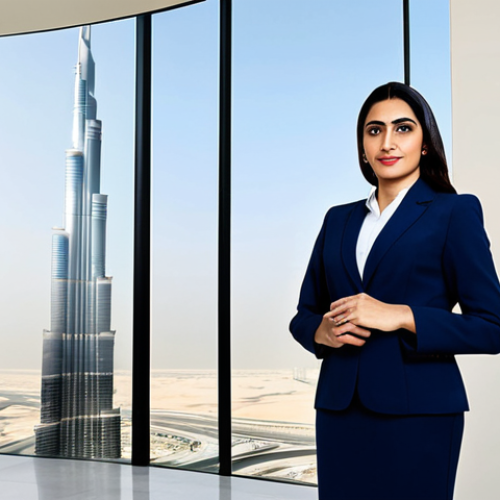 **

"A professional Arab businesswoman in a tailored, modest business suit, standing confidently in a modern Dubai office with Burj Khalifa in the background, fully clothed, appropriate attire, safe for work, perfect anatomy, natural proportions, professional corporate photography, high quality, family-friendly."

**