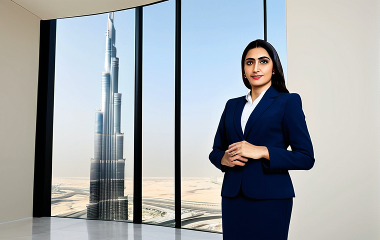 **

"A professional Arab businesswoman in a tailored, modest business suit, standing confidently in a modern Dubai office with Burj Khalifa in the background, fully clothed, appropriate attire, safe for work, perfect anatomy, natural proportions, professional corporate photography, high quality, family-friendly."

**