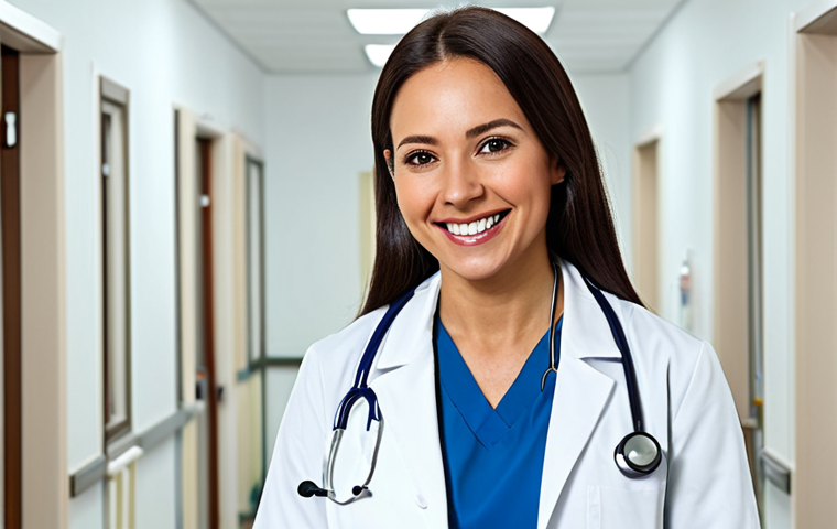 **

"A professional female doctor in a modest white coat, stethoscope around her neck, smiling warmly in a bright and clean hospital environment, fully clothed, appropriate attire, safe for work, perfect anatomy, natural proportions, medical setting, professional photography, high quality."

**