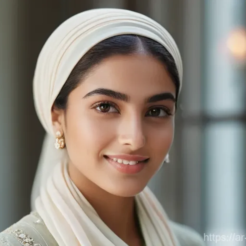 글로벌 메이크업 트렌드의 이해 - **Prompt 1: Natural Radiance - "Glass Skin" Aesthetic**
"A serene portrait of a young Arab woman...