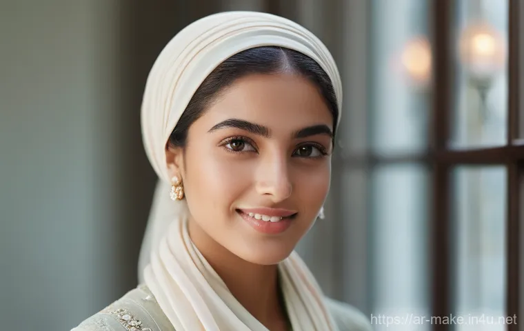 글로벌 메이크업 트렌드의 이해 - **Prompt 1: Natural Radiance - "Glass Skin" Aesthetic**
"A serene portrait of a young Arab woman...