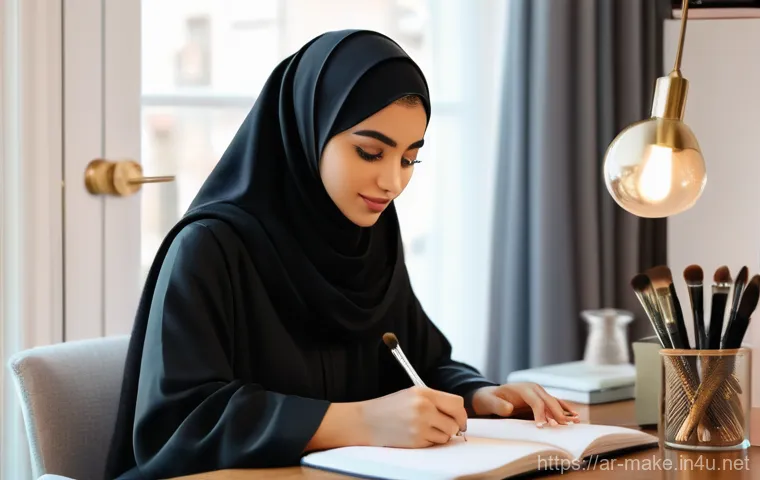 메이크업 강의 스케줄 관리 - **Prompt:** A young, elegant Arab woman in her early twenties, with a warm and focused expression, i...