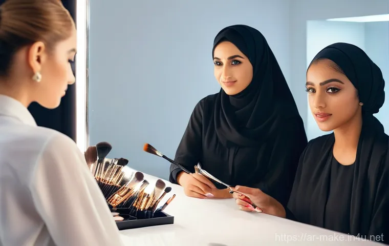 메이크업 강의 스케줄 관리 - **Prompt:** A young, elegant Arab woman in her early twenties, with a warm and focused expression, i...