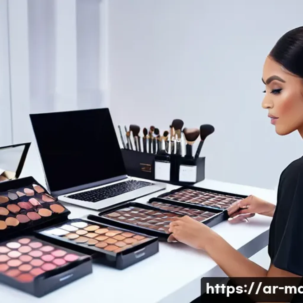 메이크업 대회 준비 전략 - A professional makeup artist preparing for a competition in a modern studio, with a detailed setup o...