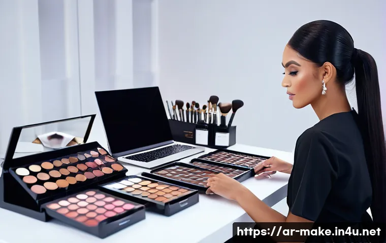 메이크업 대회 준비 전략 - A professional makeup artist preparing for a competition in a modern studio, with a detailed setup o...