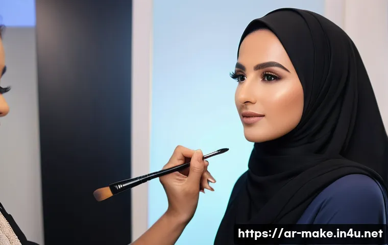 뷰티 업계 메이크업 이직 사례 - A professional Middle Eastern female makeup artist applying advanced airbrush makeup on a client wit...