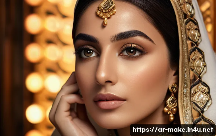 해외 메이크업 워크숍 참여기 - Portrait of an elegant Middle Eastern woman applying advanced 3D makeup technique, showcasing realis...