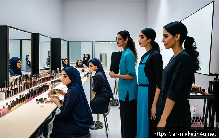 메이크업 자격증 취득 방법 - A professional makeup training classroom in a modern institute in Riyadh, Saudi Arabia, showing a di...