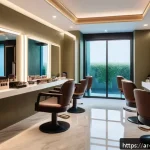 뷰티 숍 창업과 메이크업의 관계 - A modern Middle Eastern beauty salon interior featuring a professional makeup station with natural d...