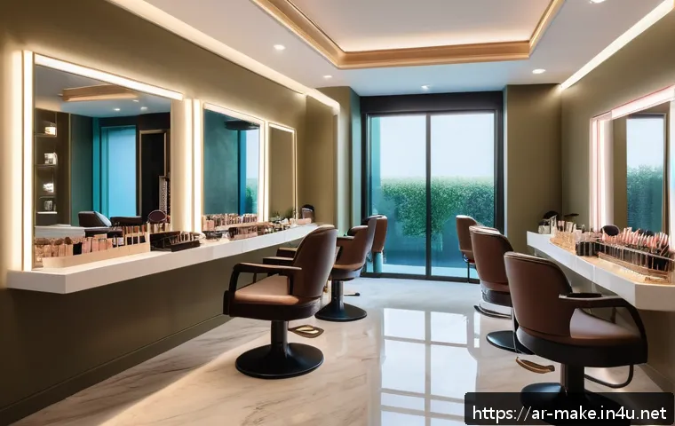 뷰티 숍 창업과 메이크업의 관계 - A modern Middle Eastern beauty salon interior featuring a professional makeup station with natural d...