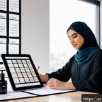 메이크업 전문가의 워라밸 관리 - A modern Arab female makeup artist in her stylish studio, wearing modest professional attire, organi...