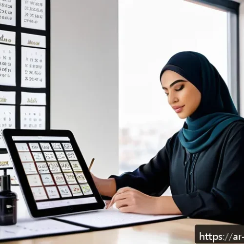메이크업 전문가의 워라밸 관리 - A modern Arab female makeup artist in her stylish studio, wearing modest professional attire, organi...
