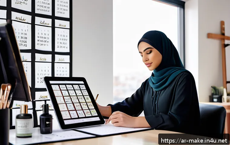 메이크업 전문가의 워라밸 관리 - A modern Arab female makeup artist in her stylish studio, wearing modest professional attire, organi...
