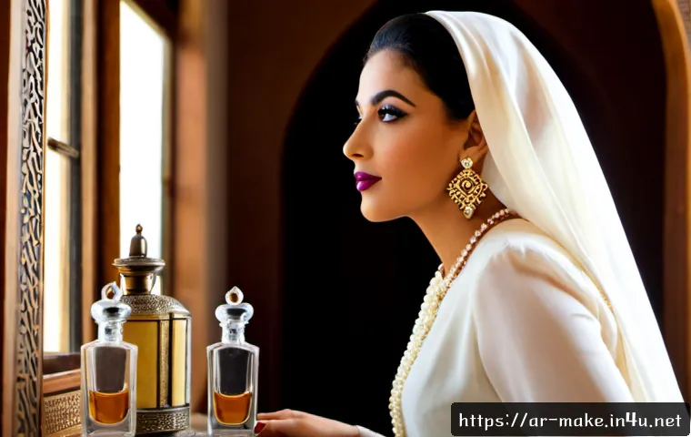 메이크업 트렌드의 역사와 변화 - Photorealistic editorial portrait of an elegant Arab woman illustrating 1950s-inspired makeup histor...